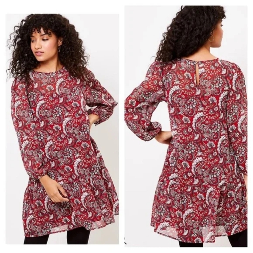 Ann Taylor Loft Red Metallic Shimmer Paisley Print Flounce Hem Shift Dress M NWT